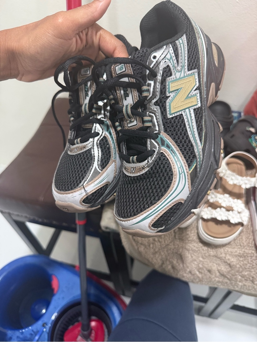 New Balance Kids Black Sneakers with Teal & Tan Accents
